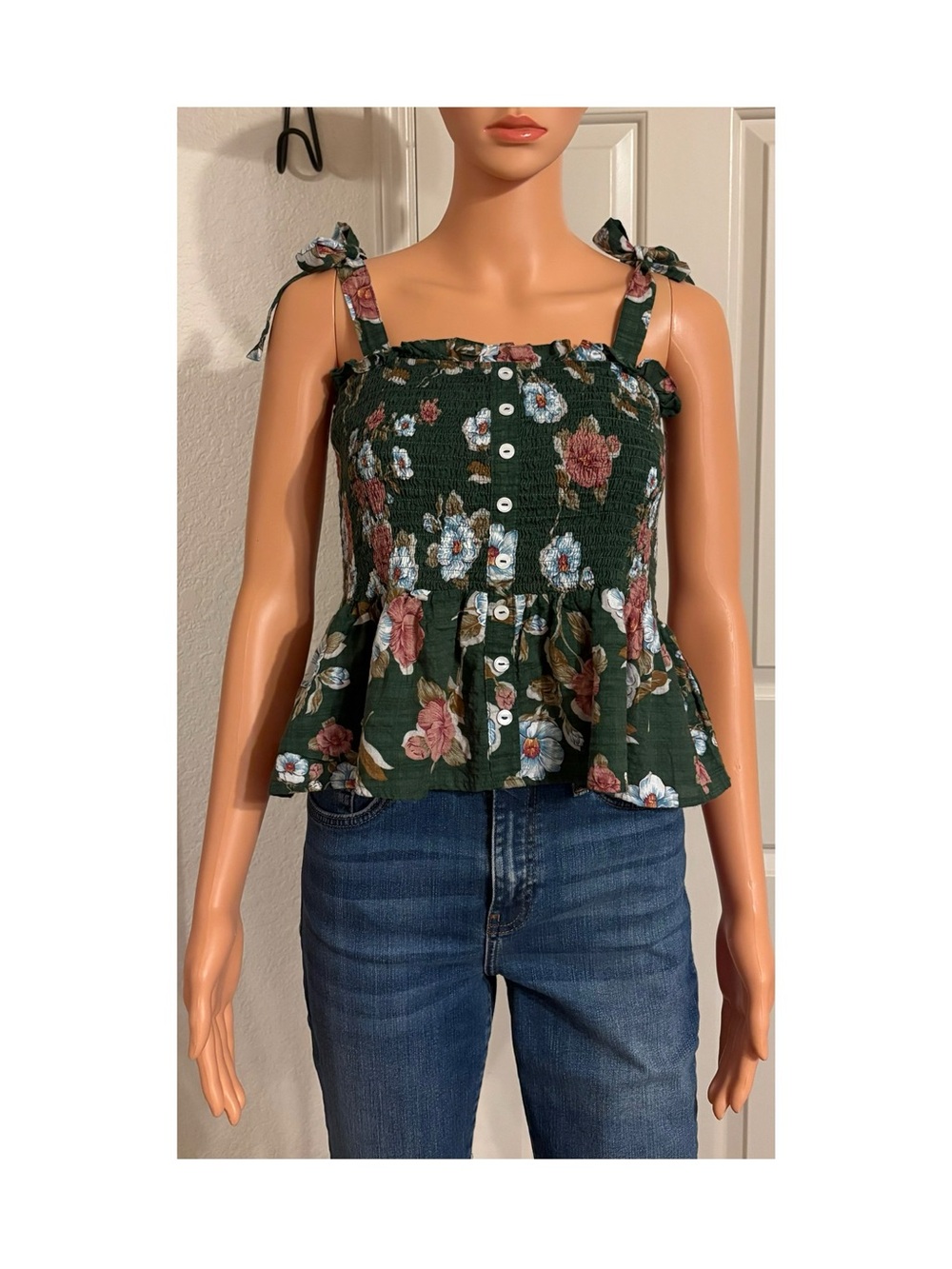 Blush Dark Green Floral Smocked Tie-Strap Camisole